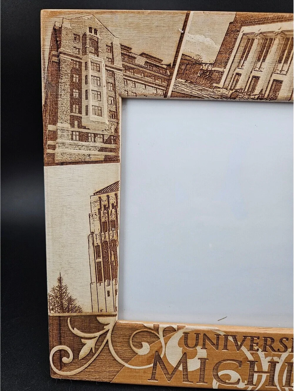 University of Michigan Wooden Photo Frame with Campus and Football Engraved 9x7